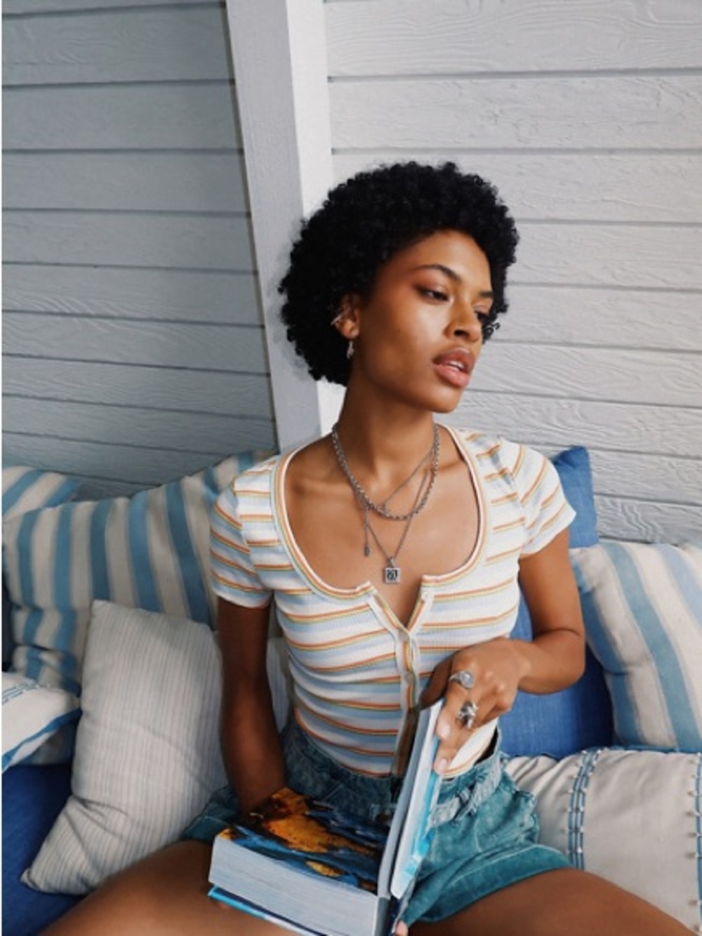 Urban Outfitters White Striped Scoop-Neck Button Crop Top